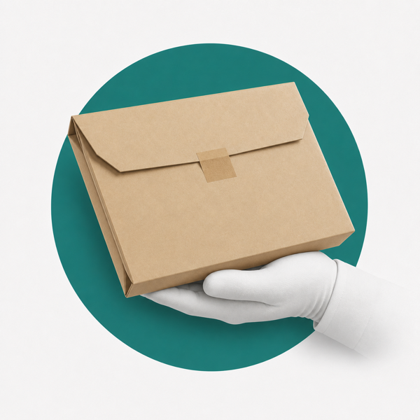 Plain cardboard mailer with Royal Mail Tracked label